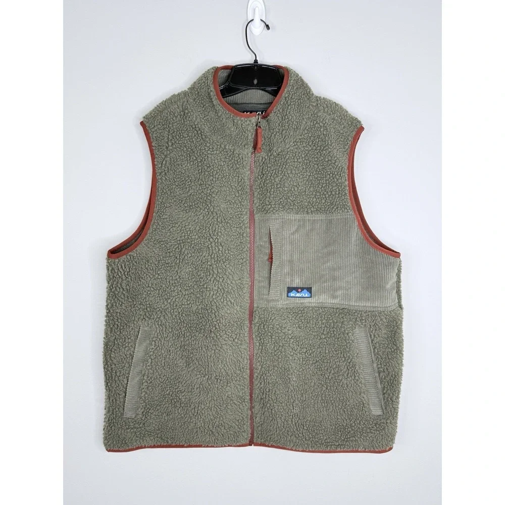 KAVU Cooper Vest Men's Moss Green Deep Pile Sherpa Fleece Vest Size XL